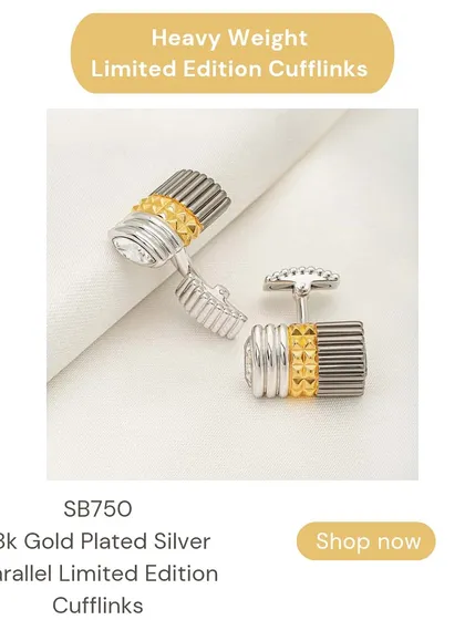A variation of the parallel design cufflinks, this pair features a mix of silver and gold plating. They are a sophisticated and modern accessory for any formal occasion.