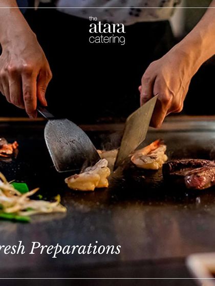 Our chefs prepare fresh ingredients like prawns and bean sprouts on the Teppanyaki grill. We focus on using high-quality, fresh components for the best flavour.