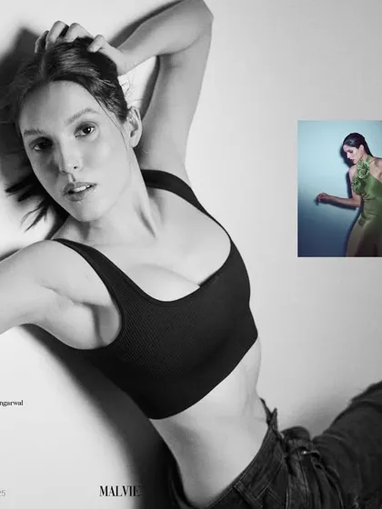 A magazine spread from 'Ecstasy/25', showing a relaxed black and white portrait alongside a collage of colorful, detailed shots from the same series.