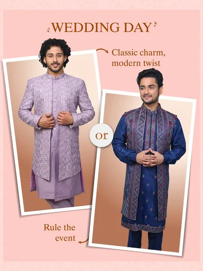 Your wedding day, your choice. On the left, a lavender sherwani offers a soft, modern twist. On the right, a classic navy kurta with a printed jacket provides a layered, traditional look. Both are available to rent for your main event.