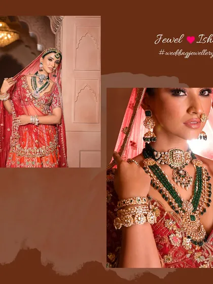 A collage showing both the full bridal look and a close-up of the intricate jewellery. Notice the detailed craftsmanship in the choker, earrings, and nath.
