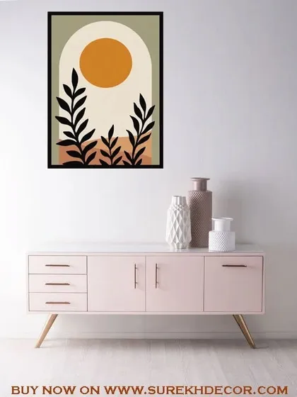 This single abstract art print features black botanicals against a warm, sun-drenched archway. The high-contrast design is both modern and inviting, perfect for a minimalist space.