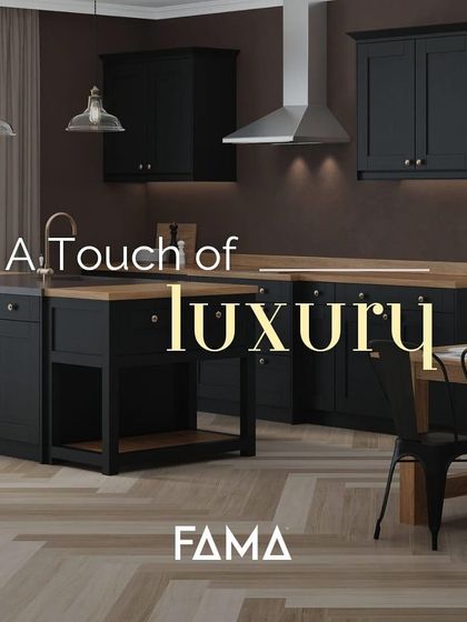 A touch of luxury. This kitchen pairs classic black shaker cabinets with warm butcher-block countertops and an open-shelf island, creating a modern farmhouse aesthetic that is both cozy and chic.