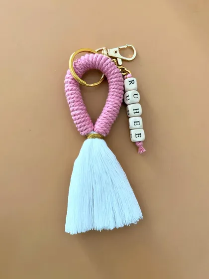 This loop-style tassel keychain is another one of my popular designs. Here it is, personalized with the name 'Ruhee'.