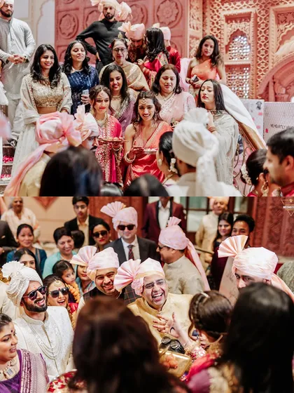 A collage capturing the lively atmosphere of the wedding, with family and friends all involved in the rituals and celebrations.