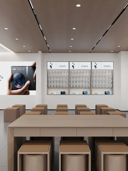 A 3D render of a retail store we designed in Hyderabad. This shows the experience area, with a large central table and seating, designed for workshops or product demonstrations.