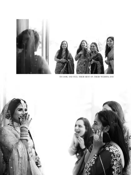 A collage of black and white images showing the bride's first look reveal to her bridesmaids, capturing their joyful and surprised reactions.