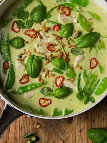 A vibrant bowl of Thai Green Curry, filled with fresh basil, chilies, and vegetables. This image represents the comforting and aromatic main courses we offer.