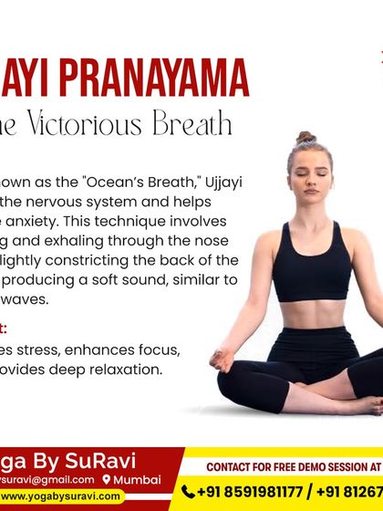Ujjayi Pranayama, or the "Victorious Breath," is a technique we teach to calm the nervous system and reduce anxiety through controlled breathing.