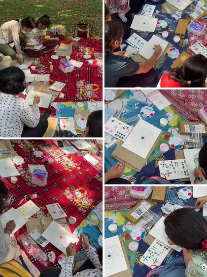 A detailed collage showing the art supplies and works-in-progress during the dot mandala session. You can see the dotting tools, colorful paints, and intricate patterns being created.