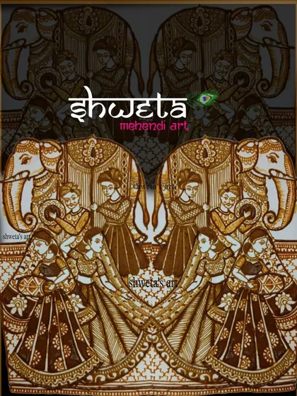 A mirrored design showcasing a grand baraat theme. The artwork features royal elephants and figures celebrating the wedding procession, creating a symmetrical and regal look.