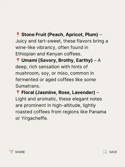 A snippet from the Coffee Flavor Wheel, explaining complex flavor notes like stone fruit, umami, and floral.