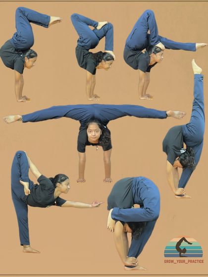 This collage shows one of my students demonstrating a variety of advanced poses, showcasing the versatility required for competitive yoga.