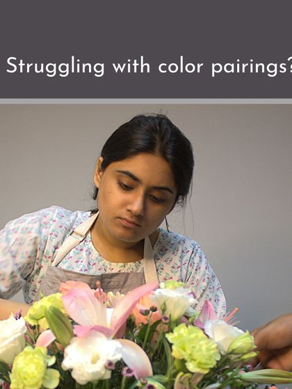 A student looks thoughtfully at her color pairings. In my classes, I provide practical tips and feedback to help you master color theory for any event or arrangement.