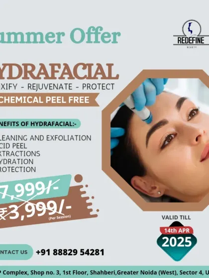 This graphic details a special summer offer for our Hydrafacial, which includes a complimentary chemical peel. It also lists the core benefits, from cleaning and exfoliation to hydration and protection.