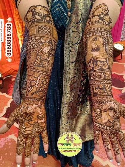 A multi-figure bridal mehndi showing various wedding ceremonies and portraits. This design tells a comprehensive story of the wedding journey on the bride's arms.