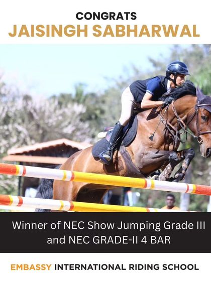 A graphic celebrating a rider's double victory in the NEC Show Jumping Grade III and Grade II 4-Bar events, highlighting the versatility and success of the riders I train.