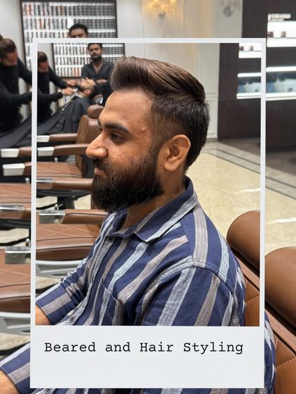 A complete grooming service, featuring a stylish haircut with volume and a perfectly shaped beard.