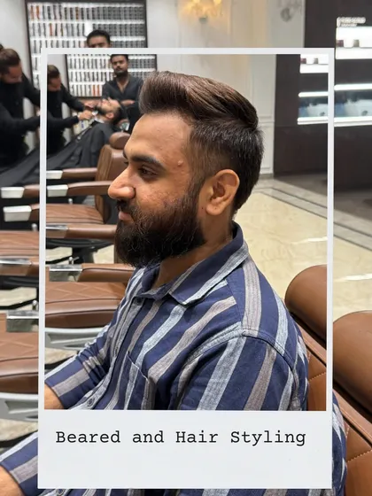 A complete grooming service, featuring a stylish haircut with volume and a perfectly shaped beard.