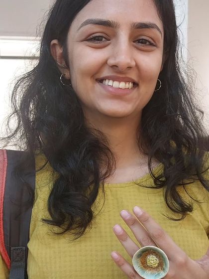 This visitor to the Bengaluru market is trying on one of my textured ring designs. I also make smaller jewellery pieces for those who prefer a more subtle look.