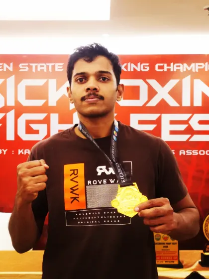 This gold medal from the Karnataka Open Kickboxing Championship was a proud moment. It’s a reminder that with hard work and discipline, any goal is achievable. I bring this same champion mindset to every class I teach.