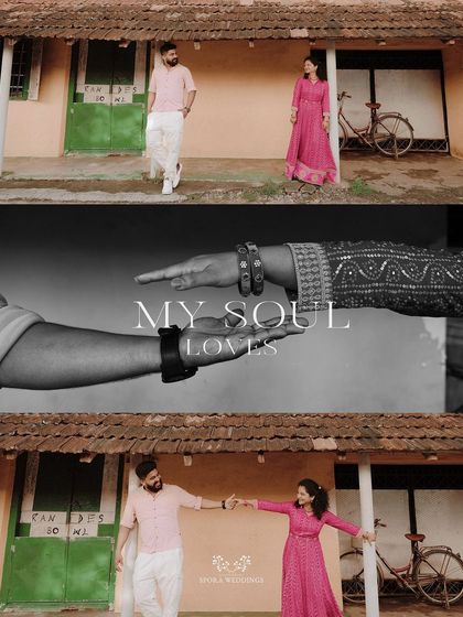 A collage featuring the couple in a rustic setting, with a black and white close-up of their hands, symbolizing their soulful connection.