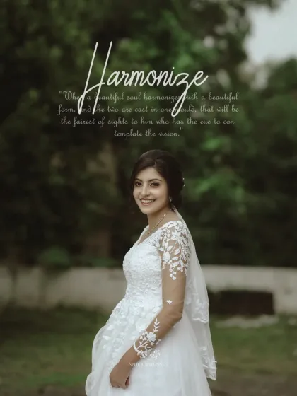 A smiling bride, her happiness radiating in this portrait. The word "Harmonize" perfectly describes the beautiful union being celebrated.