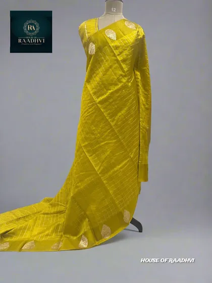 A vibrant yellow version of our popular checks pattern pure Banaras lightweight silk saree.