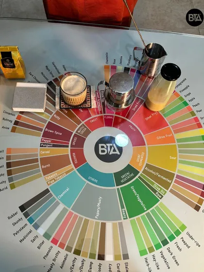 Our setup for a Vietnamese coffee tasting, featuring the Phin filter, a glass of finished coffee, and our Hindi flavor wheel.