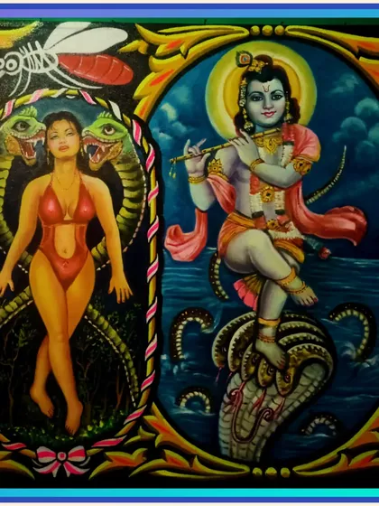 A detailed view of the figurative paintings for the Loco Mosquito sign, showing a woman with snakes and Lord Krishna.