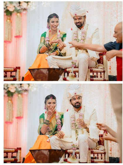 A collage of candid moments from the engagement ceremony, capturing the fun and games that are part of the celebration.