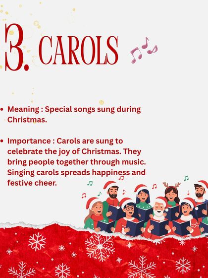 This graphic teaches the word "carols," which are special songs sung during Christmas to celebrate joy and bring people together through music.