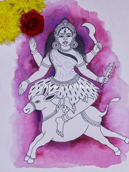 A duplicate image of my drawing of Devi Katyayani. The fine ink details of her form and attire are central to this Kalamkari-inspired piece.