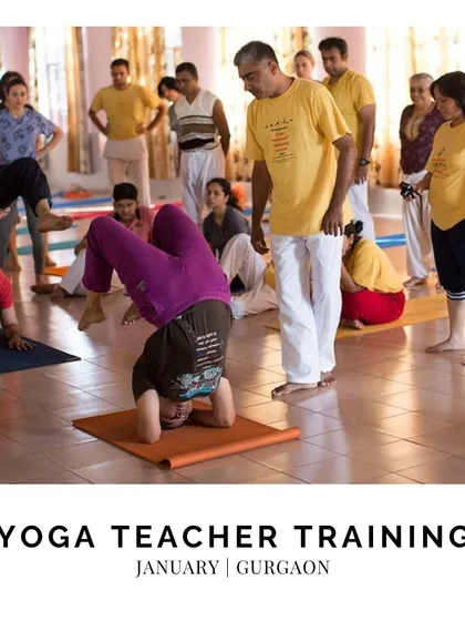 An announcement graphic for our Yoga Teacher Training course in Gurgaon, showcasing an advanced inversion with teacher support.