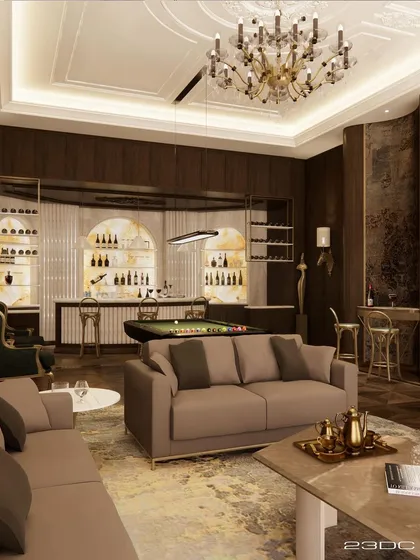 This entertainment lounge combines a bar, a pool table, and comfortable seating in one cohesive space. The rich, dark wood paneling and sophisticated lighting create a moody and luxurious environment for recreation and socializing.