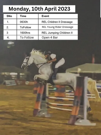 A schedule for a day of dressage and jumping competitions, including the exciting Open 4-Bar challenge.