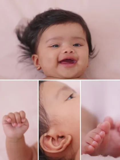 Cherishing the little details. This collage highlights my focus on capturing the tiny features you'll want to remember forever: a happy smile, a tiny fist, a perfect ear, and delicate toes. These are the details that make newborn photography so precious.