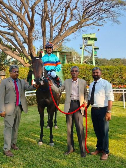 Siege Courageous, with jockey Vivek.G, after winning the sprinters' trial stakes.
