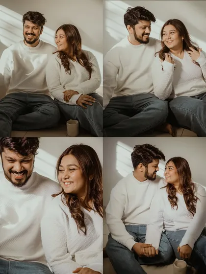 A four-panel grid showing a series of interactions from their at-home shoot. This format is great for showcasing the range of emotions and candid moments from a single session.