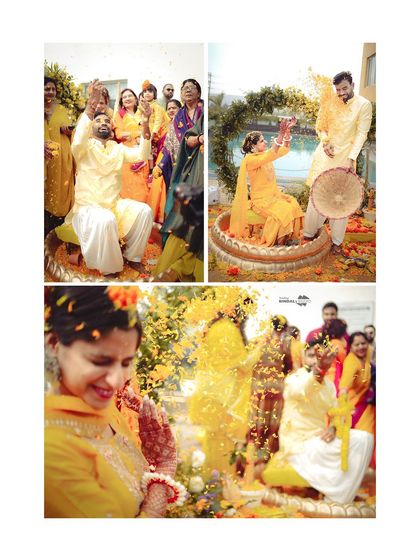 A collage showing the fun of a Haldi ceremony, with the couple being showered in flower petals by their loved ones.