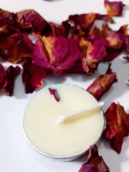 A single tealight surrounded by the air-dried rose petals I use in my creations. This shows the natural, earthy inspiration behind my botanical candles.