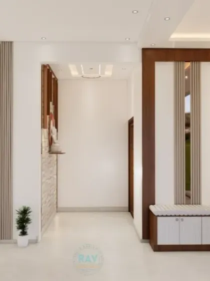 A render of a hallway with a window-side seating nook that has built-in storage drawers underneath.