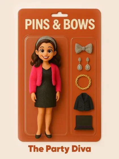 Our AI-generated toy concept for "The Party Diva." This set is perfect for a night out, featuring a stylish character with party-ready accessories like a sparkly headband, dangly earrings, and a chic clutch.