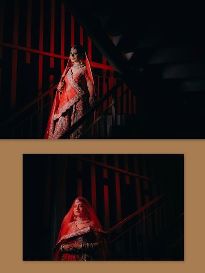 A collage of a bride on a staircase, using dramatic red backlighting to create a powerful and cinematic image.