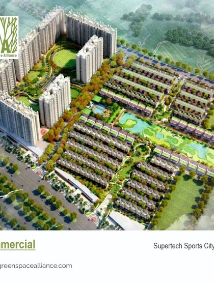 An aerial view of the Supertech Sports City in Noida, a commercial and residential township. This image exemplifies our work in large-scale commercial master planning, where we integrate high-density housing with retail and recreational facilities to create a self-sustaining urban hub.