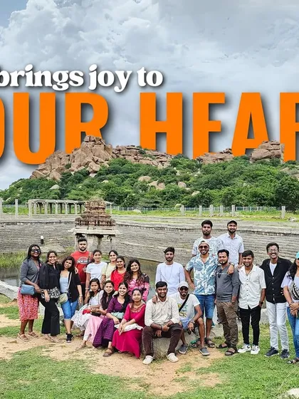 A graphic asking "What brings joy to your heart?" featuring our group at a stepped tank in Hampi. For us, it's exploring places like this.