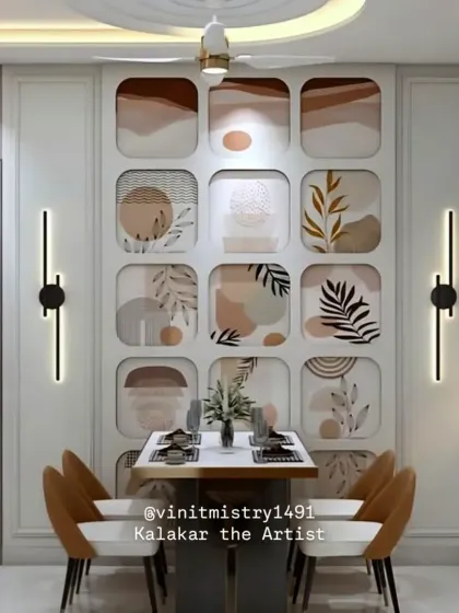 This is a concept showing how multiple small, coordinated art pieces can be composed to create a stunning dining room feature wall. It's a modern approach to wall decor that is both artistic and organized.