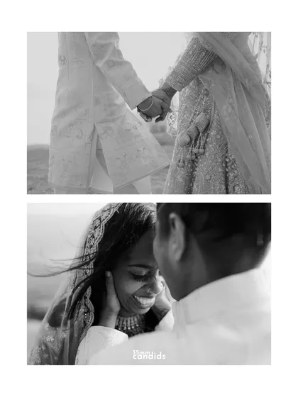 Two black and white shots capturing a held hand and a joyful smile. These small, candid details tell a larger story of connection and happiness.