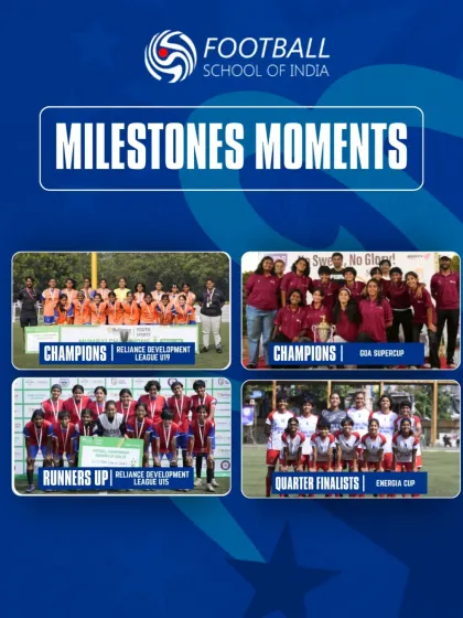 A collage of our milestone moments, including championship wins and runners-up titles in the Reliance Development League and Goa Supercup.