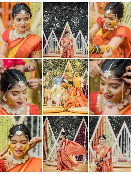 The joy of a Haldi ceremony, showing the bride being adorned with floral jewelry and turmeric paste by her family.